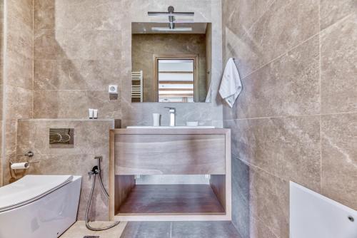 特尔斐Komody的一间带水槽、卫生间和镜子的浴室
