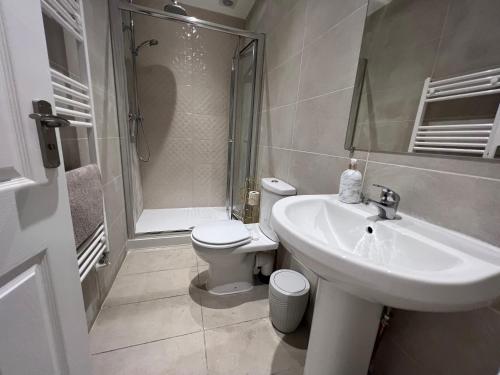 利物浦Liverpool Cherry House - 4 Bedrooms的一间带水槽、卫生间和淋浴的浴室