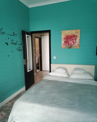 克卢日-纳波卡Queency Apartament cu gradina și parcare gratuita的一间卧室设有一张蓝色墙壁的大床