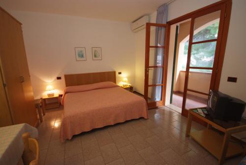 马西亚娜马里纳Residence Il Gabbiano Azzurro的一间卧室设有一张床、一个窗口和一台电视。