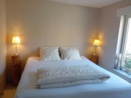 奥德纳尔德Petit Bonheur的一间卧室配有一张带两盏灯的大型白色床。