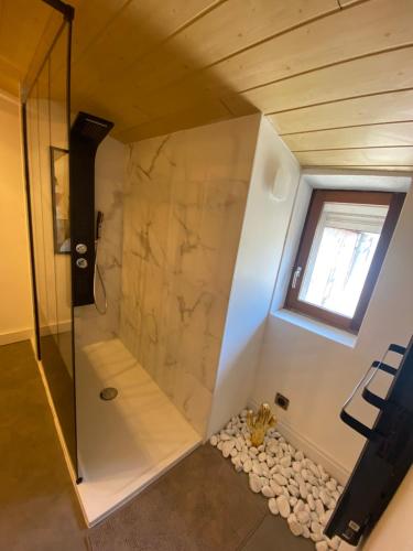 阿让Le Foyer d'Or - Hypercentre & Confort的浴室设有步入式淋浴间,位于窗户旁