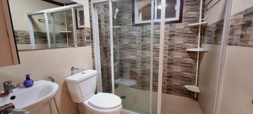 长滩岛Balay Sa Bukid 2 Bedroom的带淋浴、卫生间和盥洗盆的浴室