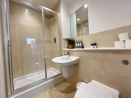 诺丁汉Spacious 2 Bedroom Apartment with Parking的带淋浴、卫生间和盥洗盆的浴室