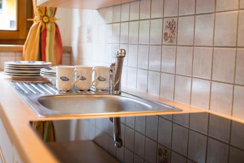巴德加斯坦Appartementhaus zur Post的厨房水槽上放着两个杯子