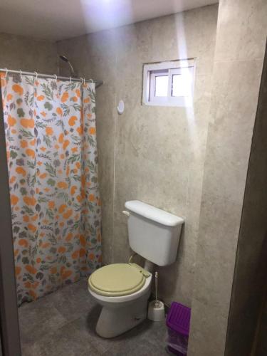 马拉圭Eluney的一间带卫生间和淋浴帘的浴室