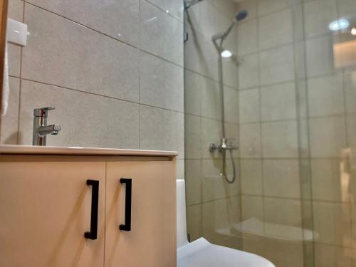 圣多明各Downtown Luxury Apt Naco: 2br 2ba的带淋浴、卫生间和盥洗盆的浴室