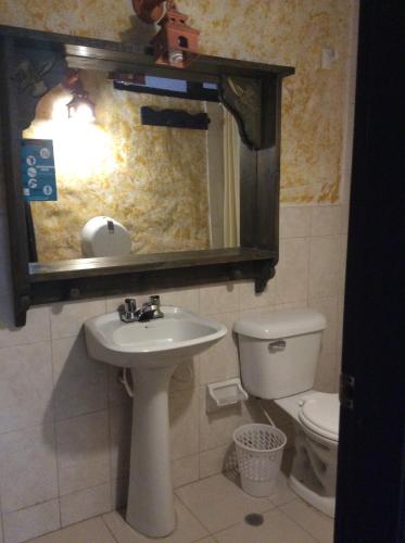 派帕HOTEL COMPOSTELLA的一间带水槽、卫生间和镜子的浴室