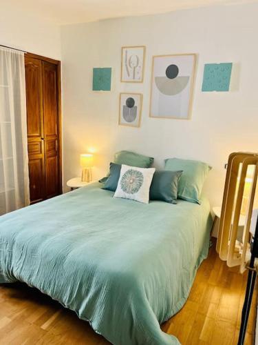 阿雅克修Charmant Appartement centre-ville的一间卧室配有一张带蓝色棉被的大床