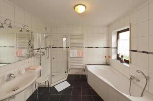 希尔波尔特施泰因森德斯道菲酒店的带浴缸、淋浴和盥洗盆的浴室