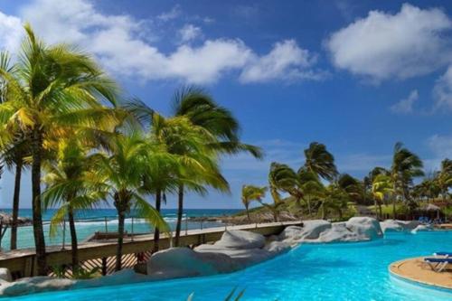 圣弗朗索瓦Tropical Cocooning的棕榈树和海滩的度假游泳池