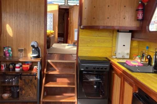 TanlayL'Amazone - bateau à quai sur le canal de bourgogne的厨房配有木制橱柜和炉灶烤箱。