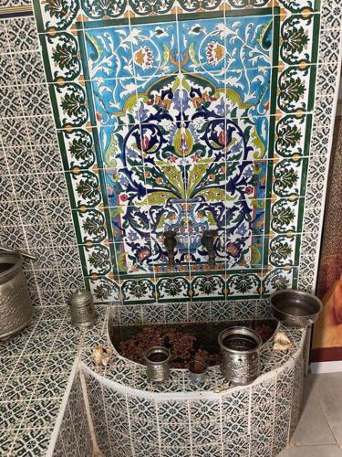 斯法克斯Dar Lella Hasna的客房内的五彩缤纷的瓷砖墙和喷泉