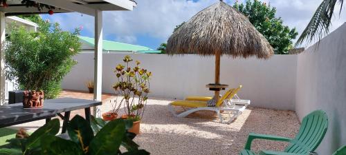奥拉涅斯塔德Dancing Iguanas的庭院配有椅子、雨伞和桌子
