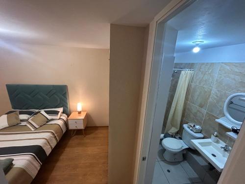 利马Acogedor apartamento centrico, tranquilo con piscina的一间卧室配有床、水槽和卫生间