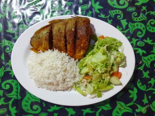 NusatupoMares gunayarIslas的米饭和蔬菜的白盘食物