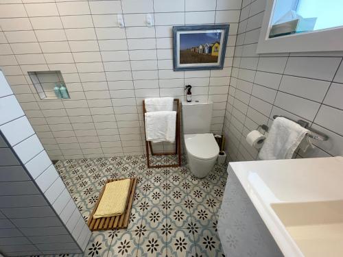 芒格努伊山Downtown Mount Cottage的一间带卫生间和水槽的浴室