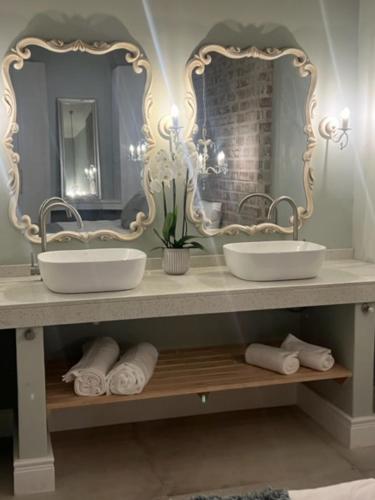开普敦Two on Milner - OAK TREE COTTAGE - Stylish open-plan Guesthouse in Rondebosch的浴室设有2个水槽和2个镜子