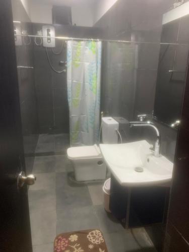 康提Miracle Trail Kandy的浴室设有卫生间、水槽和淋浴帘