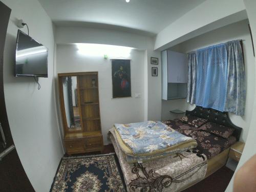 大吉岭Blue Valley Apartment的一间小卧室,配有一张床和镜子