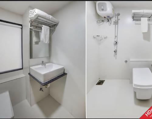艾哈迈达巴德Leo Hotel的浴室设有水槽和卫生间,两幅图片