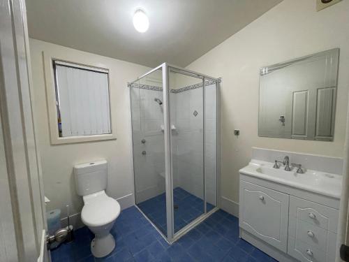 马奇Comfortable and well equipped Studio Apartment in Mudgee - Rest Easy Mudgee Studio的带淋浴、卫生间和盥洗盆的浴室