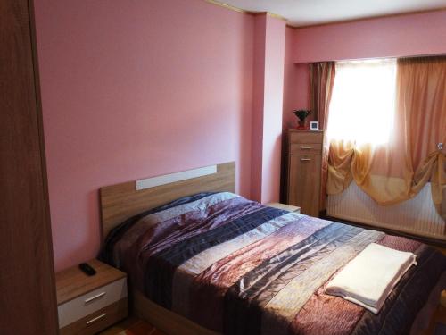 SilistraApartaments Viktoria的一间卧室配有一张粉红色的墙壁和窗户。