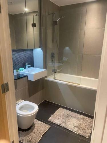 伦敦Luxurious NEW 2 Bed apartment的浴室配有卫生间、淋浴和盥洗盆。
