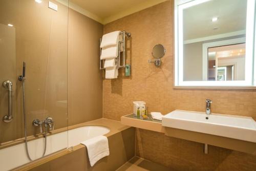 佛罗伦萨佛罗伦萨诺弗里希尔顿花园酒店的一间带水槽、浴缸和镜子的浴室