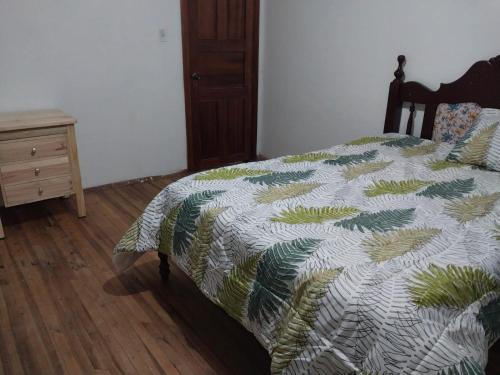 昆卡Terranova的一间卧室配有一张带绿色和白色棉被的床