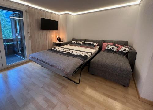 格林德尔瓦尔德Chalet Ribi的一间卧室配有一张床和一张沙发