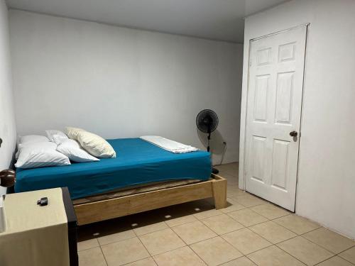 利比里亚Puente Real Hostel的一间卧室配有一张带蓝色床单和白色枕头的床。