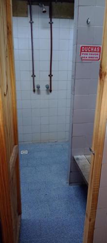 埃斯克尔Complejo turístico Nahuel pan的浴室铺有蓝色地板,设有淋浴间。