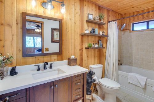 大熊湖Rustic Big Bear Lake Cabin Retreat Near Skiing!的一间带水槽、卫生间和镜子的浴室