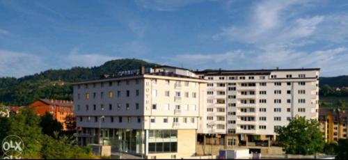 VogošćaApartment B&B的一座白色的大建筑,背景是一座山