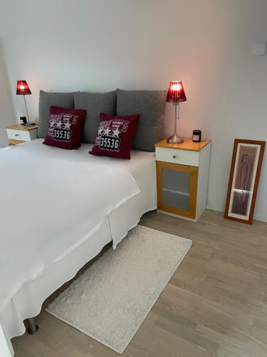 万塔Location courte durée, jolie appartement lumineux的一间卧室配有一张带红色枕头的床和一张桌子