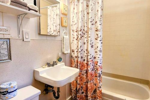温泉城#08 - One Bedroom Lakeview Cottage-Pet Friendly的一间带水槽和淋浴帘的浴室