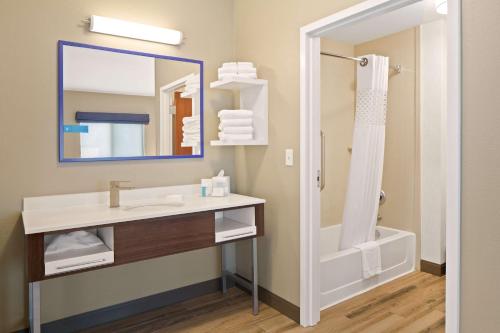 瓦拉瓦拉Hampton Inn & Suites by Hilton Walla Walla的一间带水槽和淋浴的浴室