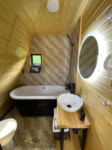 第比利斯Cozy cabin的带浴缸、卫生间和盥洗盆的浴室