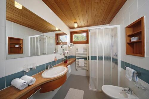 马莱斯韦诺斯塔雪绒花酒店的大型浴室设有2个水槽和淋浴。