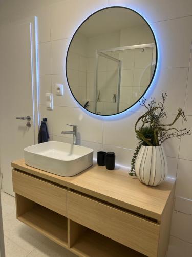 Prievoz3 izbový apartmán hneď pri letisku, možnosť rezervovať parking的浴室设有白色水槽和镜子