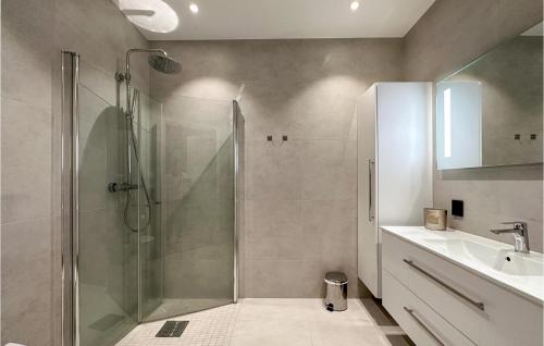 海宁格松3 Bedroom Beautiful Apartment In Haugesund的带淋浴和盥洗盆的浴室