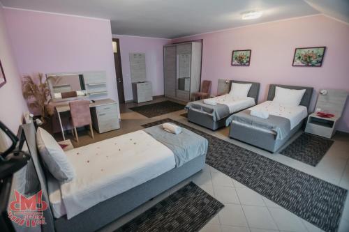 SvilajnacSOBE SVILAJNAC的酒店客房配有两张床和一张书桌