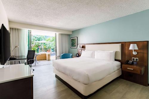 圣胡安圣胡安希尔顿逸林酒店的酒店客房设有一张大床和一张书桌。
