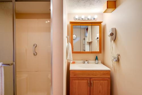 EmlentonPennsylvania Countryside Retreat with Deck and Yard!的一间带水槽、淋浴和镜子的浴室