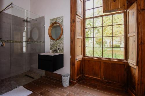 斯泰伦博斯Heins Manor House的带淋浴和盥洗盆的浴室以及窗户。