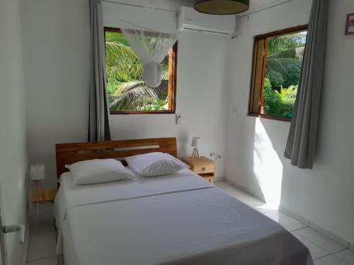 珀蒂堡Bungalow Abricot的卧室配有白色的床和2扇窗户。