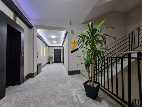 第比利斯MD Apart Hotel Tbilisi的走廊上设有楼梯和盆栽植物