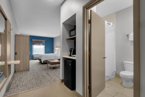 德斯坦德斯廷E购物中心区智选假日套房酒店的一间带卫生间的浴室和一张位于客房内的床。
