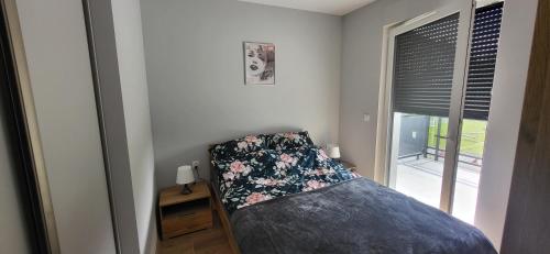 詹塔尔Apartament Bursztyn的一间卧室配有一张带枕头和窗户的床